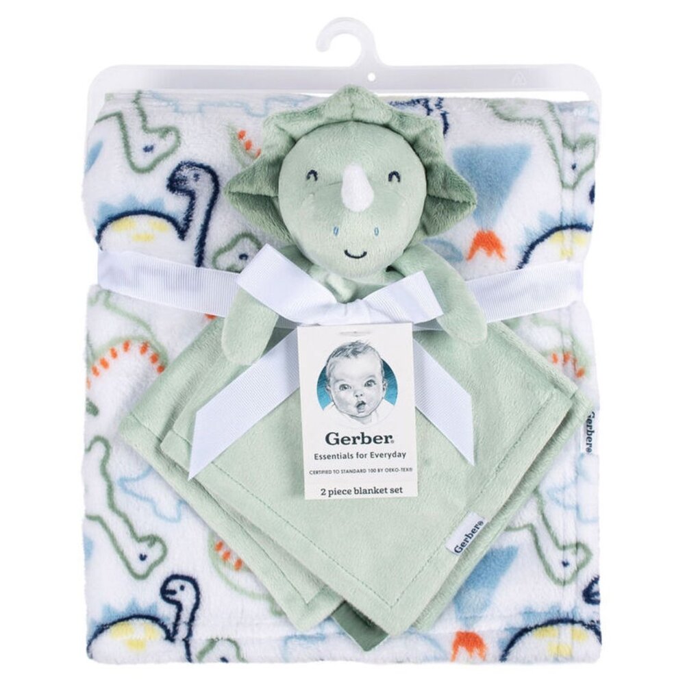 Green Triceratops Dinosaur Gerber Security Blanket 2 Piece Plush Dino Buddy Set